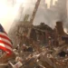 Rescue workers search through World Trade Center rubble beneath an American flag in New York City after the September 11 attacks.