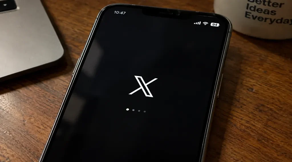 Mobile phone displays the X app loading screen on a wooden desk beside a laptop and coffee mug.