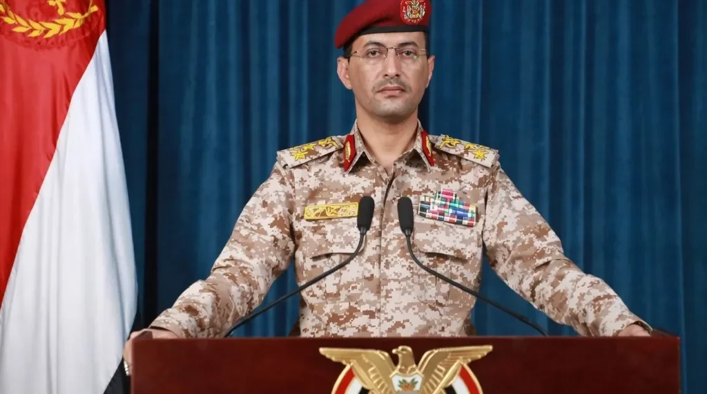Yahya Saree, spokesman for Yemen’s armed forces, speaks in a 2026 image associated with statements on regional military developments.