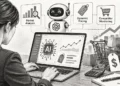 Black-and-white illustration of a person using an AI-powered laptop for market analysis, dynamic pricing and competitor monitoring, with shopping carts, price tags and rising charts.