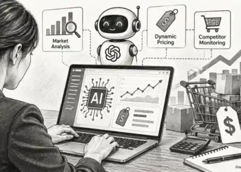 Black-and-white illustration of a person using an AI-powered laptop for market analysis, dynamic pricing and competitor monitoring, with shopping carts, price tags and rising charts.