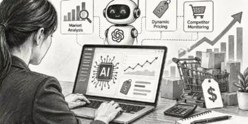 Black-and-white illustration of a person using an AI-powered laptop for market analysis, dynamic pricing and competitor monitoring, with shopping carts, price tags and rising charts.