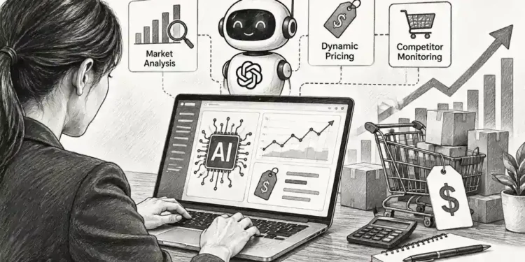 Black-and-white illustration of a person using an AI-powered laptop for market analysis, dynamic pricing and competitor monitoring, with shopping carts, price tags and rising charts.