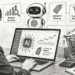 Black-and-white illustration of a person using an AI-powered laptop for market analysis, dynamic pricing and competitor monitoring, with shopping carts, price tags and rising charts.