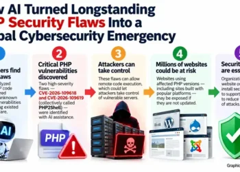 Five-step cybersecurity infographic explaining how AI-assisted research identified critical PHP vulnerabilities, how attackers could exploit vulnerable servers, the potential risk to websites, and the importance of security updates.