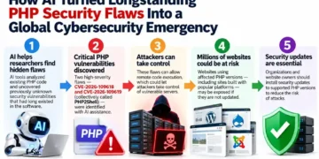 Five-step cybersecurity infographic explaining how AI-assisted research identified critical PHP vulnerabilities, how attackers could exploit vulnerable servers, the potential risk to websites, and the importance of security updates.