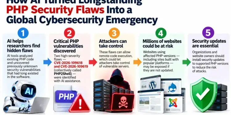 Five-step cybersecurity infographic explaining how AI-assisted research identified critical PHP vulnerabilities, how attackers could exploit vulnerable servers, the potential risk to websites, and the importance of security updates.