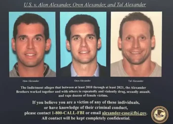 U.S. Department of Justice poster featuring real estate executives Oren, Alon and Tal Alexander, dated December 11, 2024.