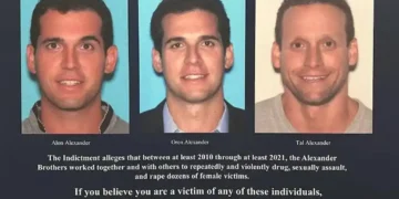 U.S. Department of Justice poster featuring real estate executives Oren, Alon and Tal Alexander, dated December 11, 2024.