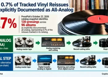 Editorial infographic showing that 0.7% of tracked vinyl reissues are explicitly documented as all-analog, with diagrams comparing an all-analog record production process and an alternative process involving digital transfer.