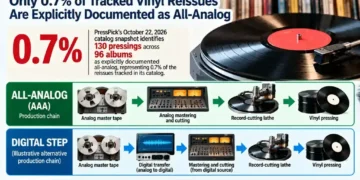 Editorial infographic showing that 0.7% of tracked vinyl reissues are explicitly documented as all-analog, with diagrams comparing an all-analog record production process and an alternative process involving digital transfer.