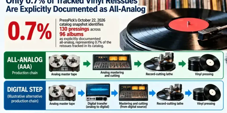 Editorial infographic showing that 0.7% of tracked vinyl reissues are explicitly documented as all-analog, with diagrams comparing an all-analog record production process and an alternative process involving digital transfer.