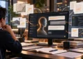 A researcher studies an AI assistant on a desktop monitor surrounded by connected documents, maps, legal records, code and data visualizations in a modern workspace.