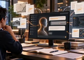 A researcher studies an AI assistant on a desktop monitor surrounded by connected documents, maps, legal records, code and data visualizations in a modern workspace.