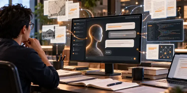 A researcher studies an AI assistant on a desktop monitor surrounded by connected documents, maps, legal records, code and data visualizations in a modern workspace.