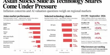 Editorial chart showing declines across Asian stock markets and major technology shares, alongside September 2026 U.S. consumer inflation figures.