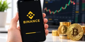 A smartphone displays the Binance logo and mobile app loading screen, with Bitcoin and Ethereum coins, stacks of cryptocurrency tokens, and a digital trading chart in the background.