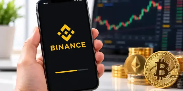 A smartphone displays the Binance logo and mobile app loading screen, with Bitcoin and Ethereum coins, stacks of cryptocurrency tokens, and a digital trading chart in the background.