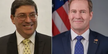 Side-by-side composite featuring Cuban Foreign Minister Bruno Rodríguez Parrilla on the left, photographed in 2013, and U.S. Ambassador to the United Nations Mike Waltz on the right, in an official portrait from September 2025.