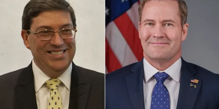 Side-by-side composite featuring Cuban Foreign Minister Bruno Rodríguez Parrilla on the left, photographed in 2013, and U.S. Ambassador to the United Nations Mike Waltz on the right, in an official portrait from September 2025.