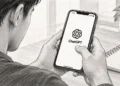 A person holds a smartphone displaying the ChatGPT logo in a pencil-sketch illustration, with a notebook, pen and plant on a desk.