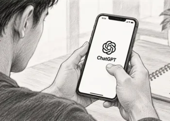 A person holds a smartphone displaying the ChatGPT logo in a pencil-sketch illustration, with a notebook, pen and plant on a desk.