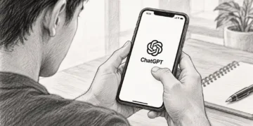 A person holds a smartphone displaying the ChatGPT logo in a pencil-sketch illustration, with a notebook, pen and plant on a desk.
