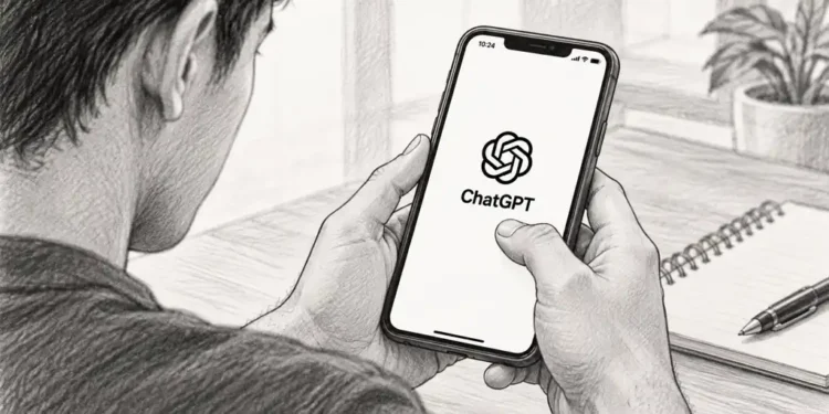 A person holds a smartphone displaying the ChatGPT logo in a pencil-sketch illustration, with a notebook, pen and plant on a desk.