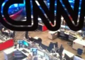 CNN Atlanta newsroom with workstations and television screens, photographed in Atlanta, Georgia, on June 23, 2012.