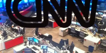 CNN Atlanta newsroom with workstations and television screens, photographed in Atlanta, Georgia, on June 23, 2012.
