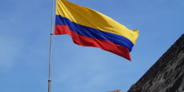 The Colombian national flag flies in Cartagena, Colombia, photographed by Niek van Son on November 14, 2016.