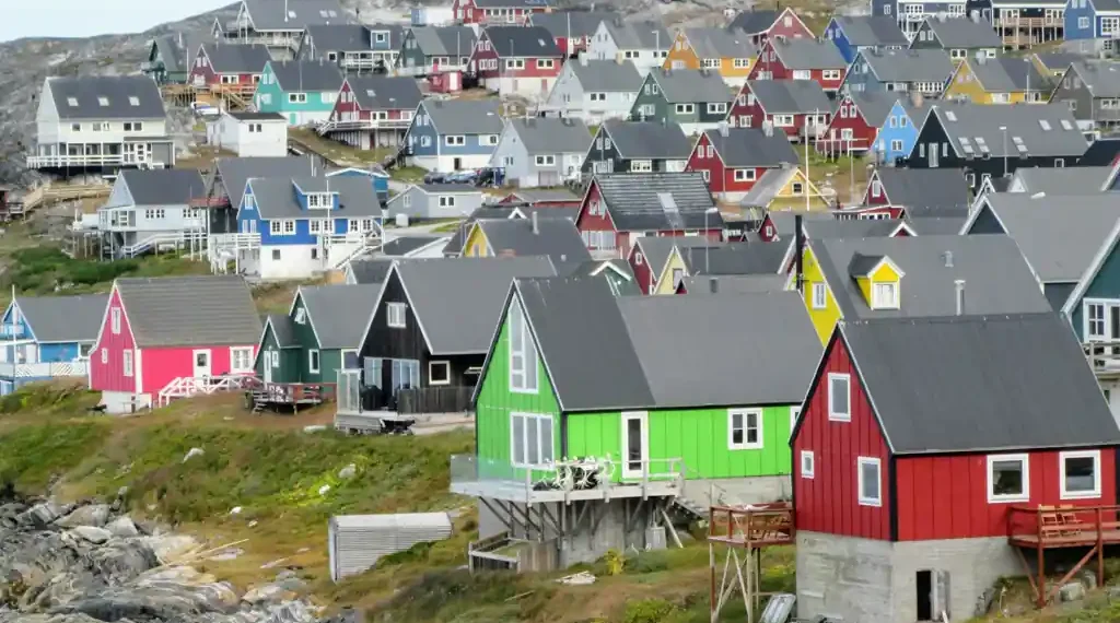 Close-up view of colorful houses in Nuuk, Greenland, photographed on August 26, 2019.