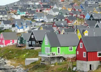 Close-up view of colorful houses in Nuuk, Greenland, photographed on August 26, 2019.