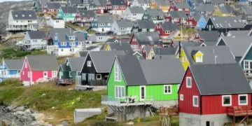 Close-up view of colorful houses in Nuuk, Greenland, photographed on August 26, 2019.