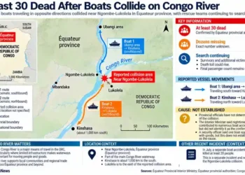Map shows a reported boat collision near Ngombe-Lukolela on the Congo River in Équateur province, Democratic Republic of Congo.