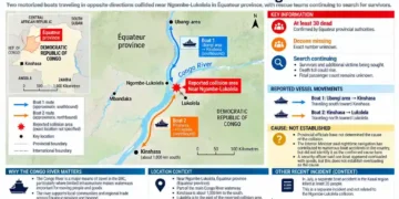 Map shows a reported boat collision near Ngombe-Lukolela on the Congo River in Équateur province, Democratic Republic of Congo.