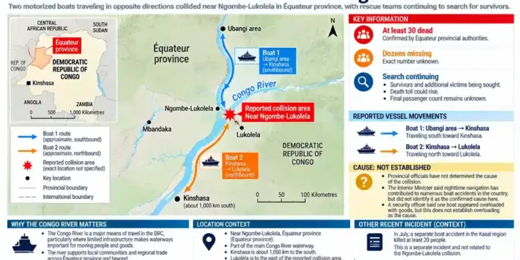 Map shows a reported boat collision near Ngombe-Lukolela on the Congo River in Équateur province, Democratic Republic of Congo.