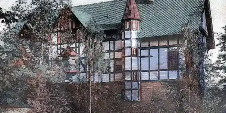 Historic photograph of the Chi Phi Lodge at Cornell University in Ithaca, New York, dating to 1908.