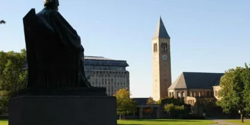 Arts Quad at Cornell University with McGraw Tower in the background, photographed on October 8, 2011.