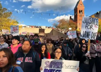 People gather at a protest on Ho Plaza at Cornell University in Ithaca, New York, on October 5, 2026.