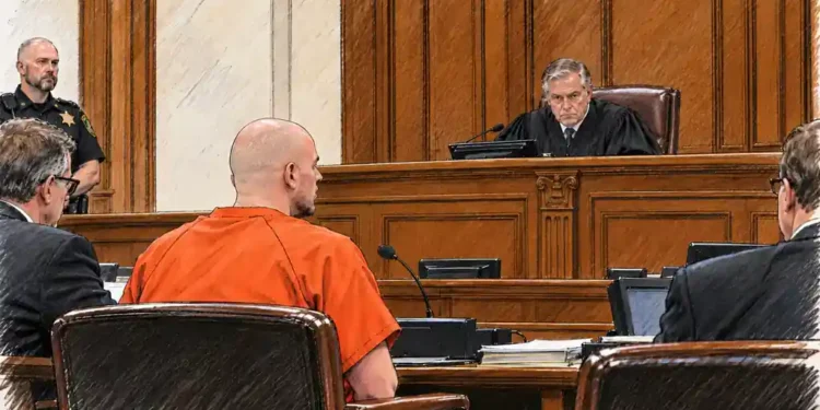 Defendant in orange jail clothing sits before a judge during a courtroom proceeding, with attorneys and a sheriff's deputy nearby.