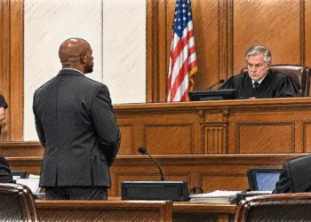 A courtroom illustration shows a defendant standing before a judge at an elevated wooden bench, with a uniformed sheriff and attorneys present during a U.S. court hearing.