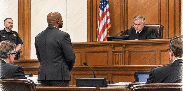 A courtroom illustration shows a defendant standing before a judge at an elevated wooden bench, with a uniformed sheriff and attorneys present during a U.S. court hearing.