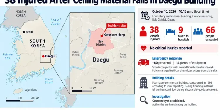 Map locates a ceiling collapse at a four-story commercial building in Gwaneum-dong, Daegu, South Korea, where 38 people were injured and 66 evacuated.
