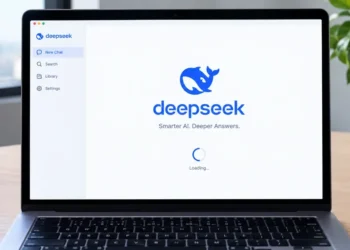 DeepSeek AI assistant interface displayed on a laptop screen in a modern workspace.