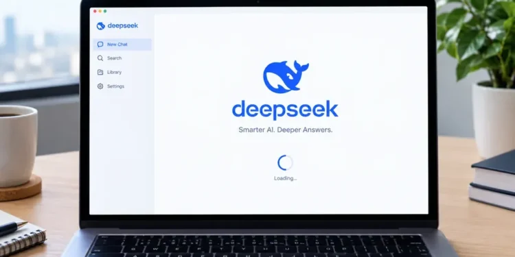 DeepSeek AI assistant interface displayed on a laptop screen in a modern workspace.
