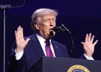 Donald Trump speaking with attendees at the “Build the Red Wall” rally at Dream City Church in Phoenix, Arizona.