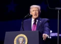 U.S. President Donald Trump speaks with attendees at the “Build the Red Wall” rally at Dream City Church in Phoenix, Arizona, on April 17, 2026.
