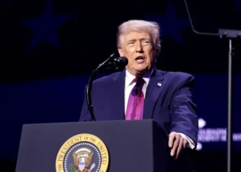 U.S. President Donald Trump speaks with attendees at the “Build the Red Wall” rally at Dream City Church in Phoenix, Arizona, on April 17, 2026.