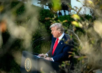 U.S. President Donald Trump delivers remarks during a posthumous Presidential Medal of Freedom ceremony honoring Charlie Kirk at the White House Rose Garden on October 14, 2025.